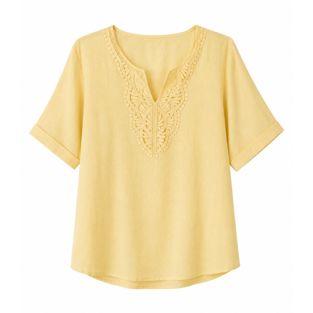 Lomon‎ Womens Yellow Lace Trim Crochet Neckline Blouse Top Cotton Linen L